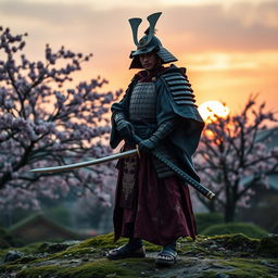 A majestic samurai standing in a traditional Japanese landscape, wearing a beautifully detailed, ornate armor with intricate patterns and a flowing haori