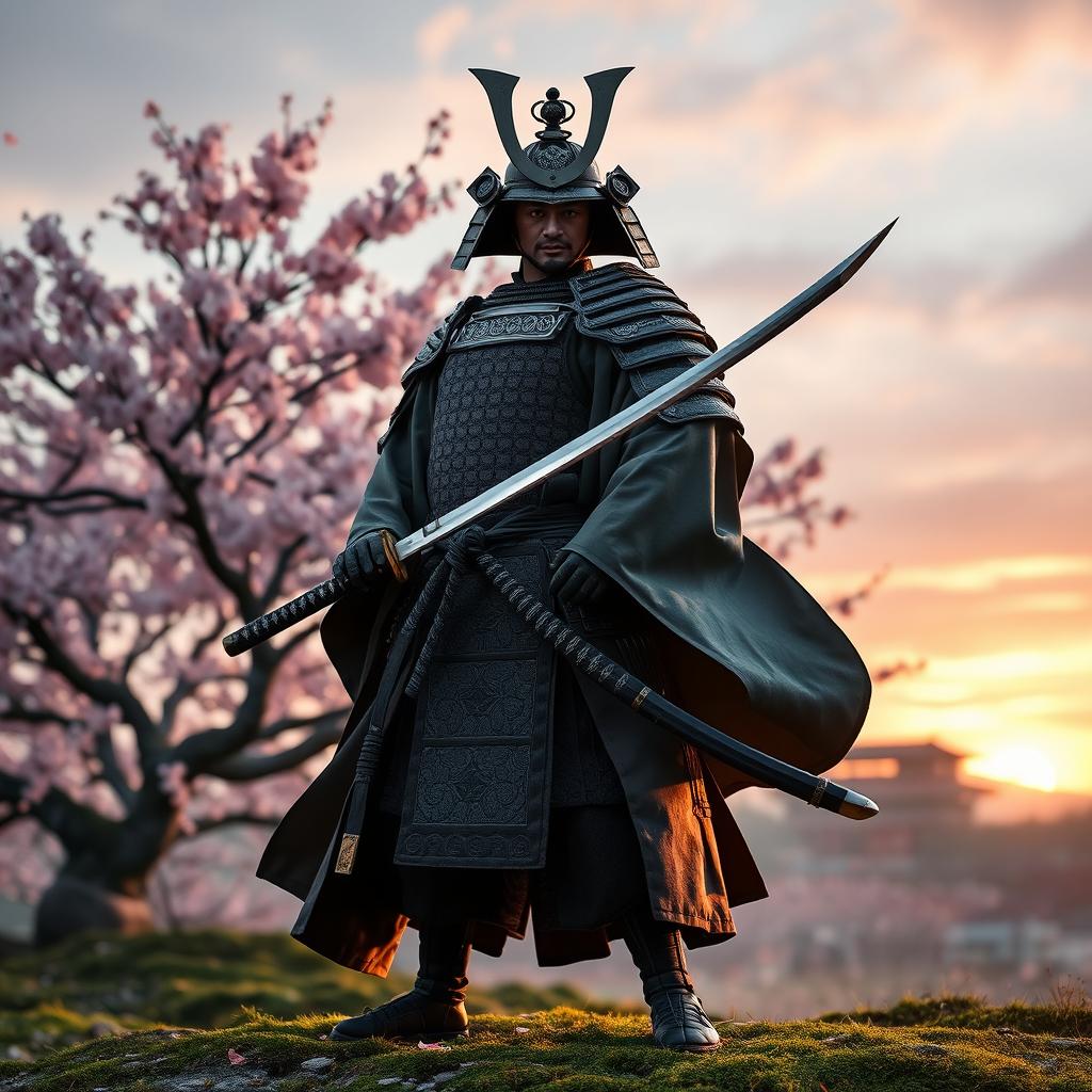 A majestic samurai standing in a traditional Japanese landscape, wearing a beautifully detailed, ornate armor with intricate patterns and a flowing haori