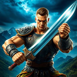 A vibrant and dynamic image of a muscular person holding a sword with great intensity