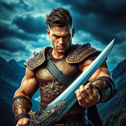 A vibrant and dynamic image of a muscular person holding a sword with great intensity