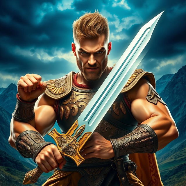 A vibrant and dynamic image of a muscular person holding a sword with great intensity