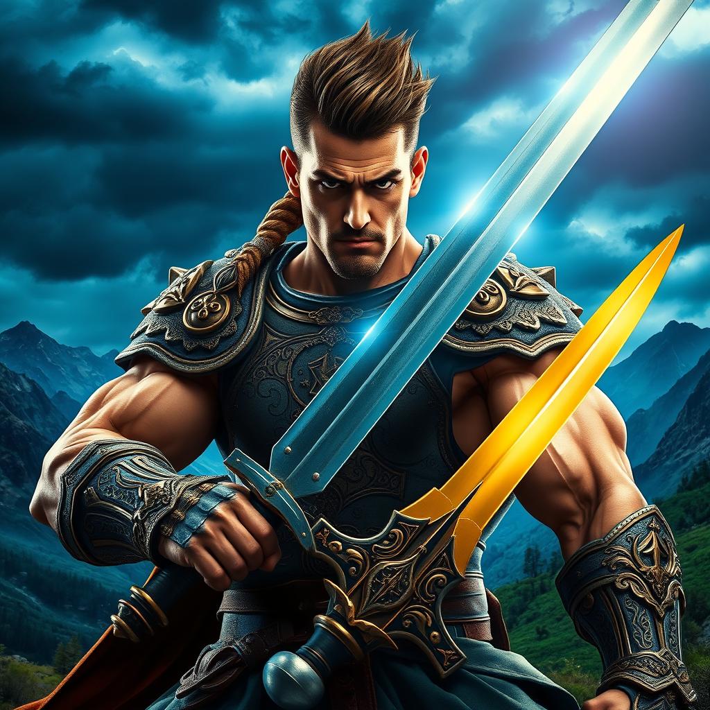 A vibrant and dynamic image of a muscular person holding a sword with great intensity