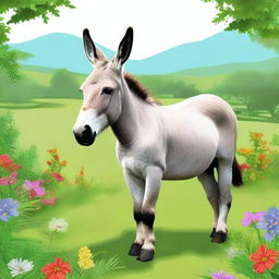 A high-quality digital art depicting a large donkey standing in a lush green field