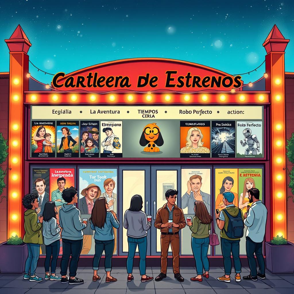 A detailed illustration of a Spanish movie theater marquee featuring a selection of current film titles in Spanish