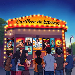 A detailed illustration of a Spanish movie theater marquee featuring a selection of current film titles in Spanish