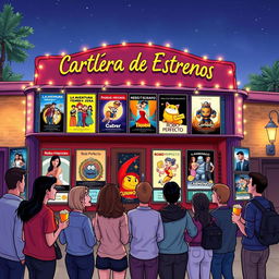 A detailed illustration of a Spanish movie theater marquee featuring a selection of current film titles in Spanish
