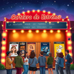 A detailed illustration of a Spanish movie theater marquee featuring a selection of current film titles in Spanish