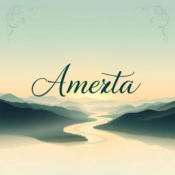 A beautiful novel cover design for a book titled 'Amerta', featuring a tranquil landscape with rolling hills and a serene river, the title 'Amerta' in elegant, flowing calligraphy