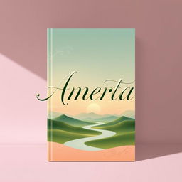 A beautiful novel cover design for a book titled 'Amerta', featuring a tranquil landscape with rolling hills and a serene river, the title 'Amerta' in elegant, flowing calligraphy