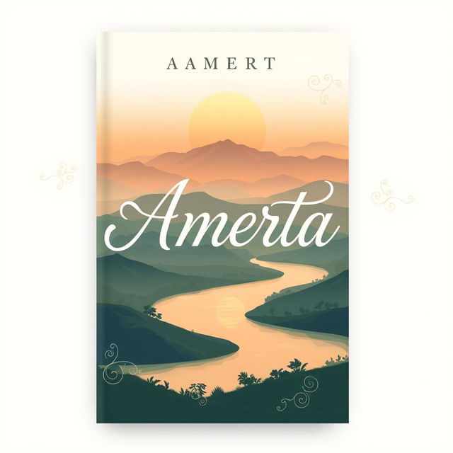 A beautiful novel cover design for a book titled 'Amerta', featuring a tranquil landscape with rolling hills and a serene river, the title 'Amerta' in elegant, flowing calligraphy