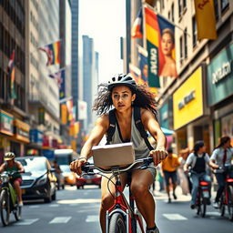A wide shot of a young woman named Tyla riding her bike through a bustling city street