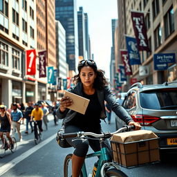 A wide shot of a young woman named Tyla riding her bike through a bustling city street