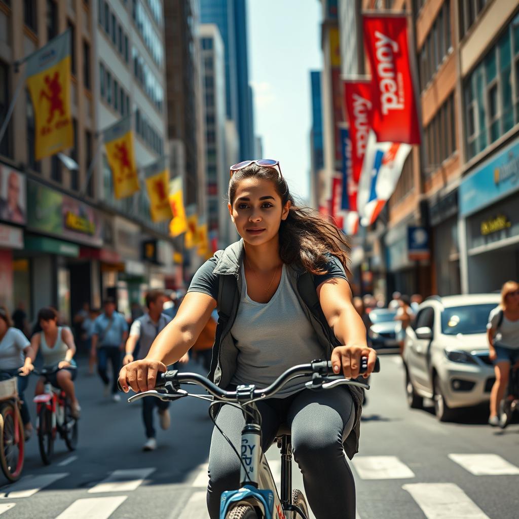 A wide shot of a young woman named Tyla riding her bike through a bustling city street