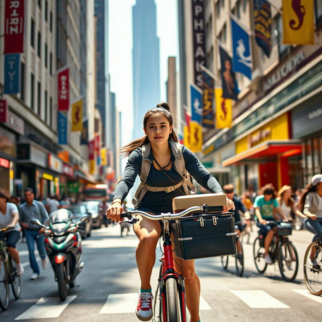 A wide shot of a young woman named Tyla riding her bike through a bustling city street