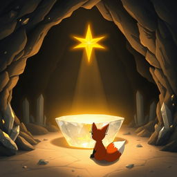 Inside a spacious cave, a crystal pedestal radiates with a glowing star floating above it