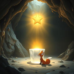 Inside a spacious cave, a crystal pedestal radiates with a glowing star floating above it