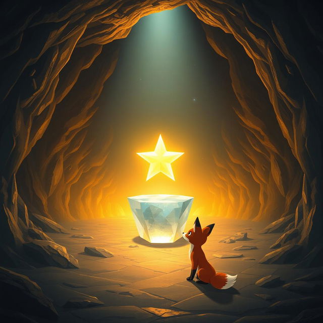 Inside a spacious cave, a crystal pedestal radiates with a glowing star floating above it