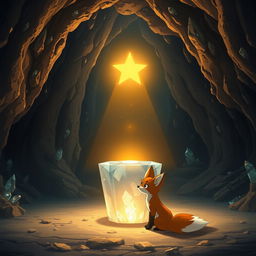 Inside a spacious cave, a crystal pedestal radiates with a glowing star floating above it