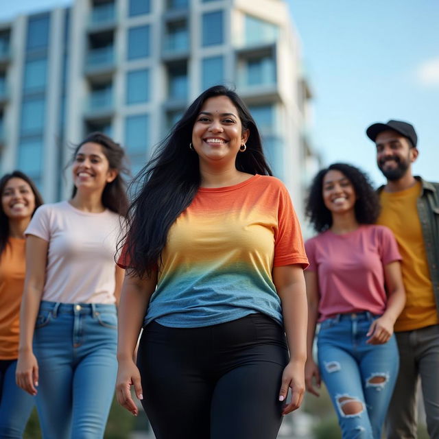 A full-body portrait of an Indian 35-year-old chubby woman with long black hair, wearing a colorful t-shirt and black leggings, standing happily with her friends in front of a stylish modern building