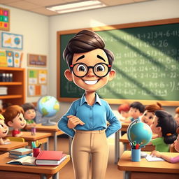 A cheerful cartoon teacher standing in a colorful classroom, surrounded by educational posters and a blackboard filled with math equations