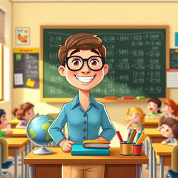 A cheerful cartoon teacher standing in a colorful classroom, surrounded by educational posters and a blackboard filled with math equations