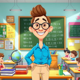 A cheerful cartoon teacher standing in a colorful classroom, surrounded by educational posters and a blackboard filled with math equations