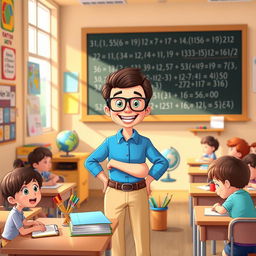 A cheerful cartoon teacher standing in a colorful classroom, surrounded by educational posters and a blackboard filled with math equations