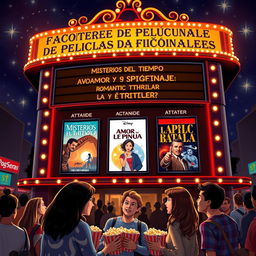 An imaginative cinema marquee displaying a fictional movie lineup in Spanish