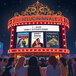 An imaginative cinema marquee displaying a fictional movie lineup in Spanish