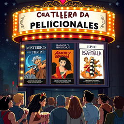 An imaginative cinema marquee displaying a fictional movie lineup in Spanish