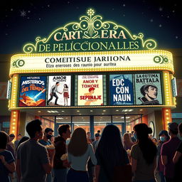 An imaginative cinema marquee displaying a fictional movie lineup in Spanish