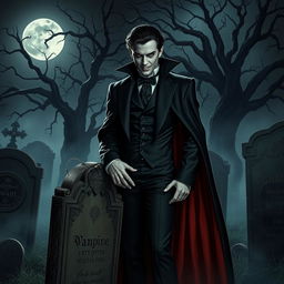 A captivating vampire character, showcasing sharp fangs and glowing red eyes, dressed in an elegant, dark Victorian outfit complete with a cape