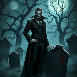 A captivating vampire character, showcasing sharp fangs and glowing red eyes, dressed in an elegant, dark Victorian outfit complete with a cape