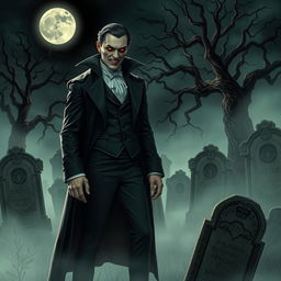 A captivating vampire character, showcasing sharp fangs and glowing red eyes, dressed in an elegant, dark Victorian outfit complete with a cape