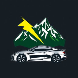 A modern logo design featuring a dynamic lightning bolt integrated with rugged mountains and a sleek car silhouette