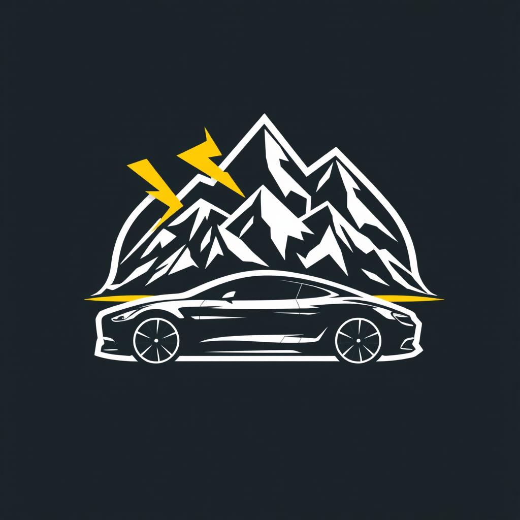 A modern logo design featuring a dynamic lightning bolt integrated with rugged mountains and a sleek car silhouette