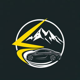 A modern logo design featuring a dynamic lightning bolt integrated with rugged mountains and a sleek car silhouette