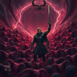 A dramatic scene portraying a single man standing fearlessly at the center of a swirling vortex of thousands of demons, each with unique and terrifying features, showcasing a variety of horned creatures, shadowy figures, and fiery faces
