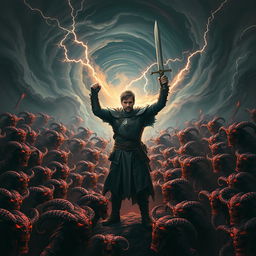 A dramatic scene portraying a single man standing fearlessly at the center of a swirling vortex of thousands of demons, each with unique and terrifying features, showcasing a variety of horned creatures, shadowy figures, and fiery faces