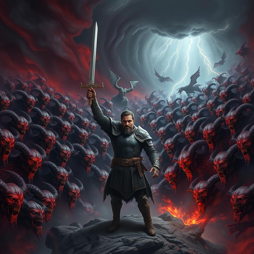A dramatic scene portraying a single man standing fearlessly at the center of a swirling vortex of thousands of demons, each with unique and terrifying features, showcasing a variety of horned creatures, shadowy figures, and fiery faces