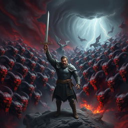A dramatic scene portraying a single man standing fearlessly at the center of a swirling vortex of thousands of demons, each with unique and terrifying features, showcasing a variety of horned creatures, shadowy figures, and fiery faces