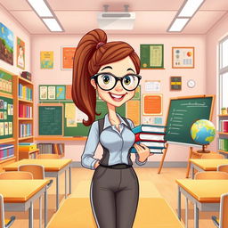 A cartoon-style illustration of a female teacher standing inside a colorful classroom filled with educational posters, bookshelves, and a large chalkboard