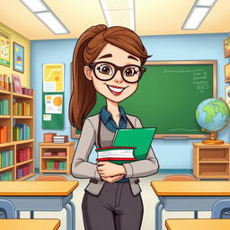 A cartoon-style illustration of a female teacher standing inside a colorful classroom filled with educational posters, bookshelves, and a large chalkboard