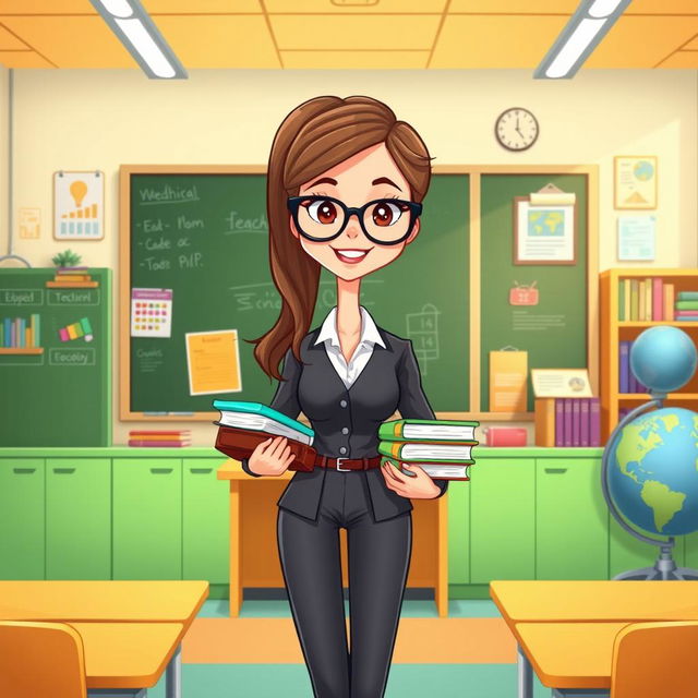 A cartoon-style illustration of a female teacher standing inside a colorful classroom filled with educational posters, bookshelves, and a large chalkboard