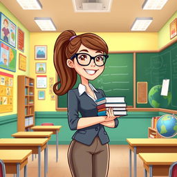 A cartoon-style illustration of a female teacher standing inside a colorful classroom filled with educational posters, bookshelves, and a large chalkboard
