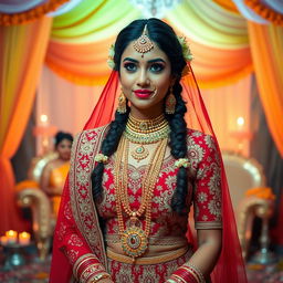 a beautiful bride in an elaborate Indian wedding outfit, featuring a richly embroidered red and gold lehenga with intricate patterns, layered with shimmering jewels