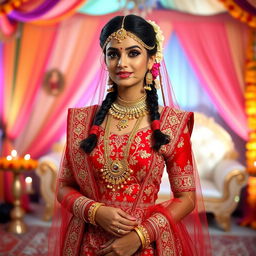 a beautiful bride in an elaborate Indian wedding outfit, featuring a richly embroidered red and gold lehenga with intricate patterns, layered with shimmering jewels
