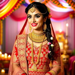 a beautiful bride in an elaborate Indian wedding outfit, featuring a richly embroidered red and gold lehenga with intricate patterns, layered with shimmering jewels