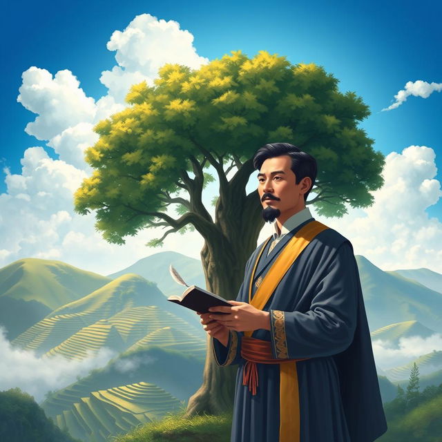 A beautiful and heartfelt illustration depicting Jose Rizal, the national hero of the Philippines, surrounded by elements that symbolize his love for his country