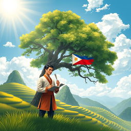 A beautiful and heartfelt illustration depicting Jose Rizal, the national hero of the Philippines, surrounded by elements that symbolize his love for his country